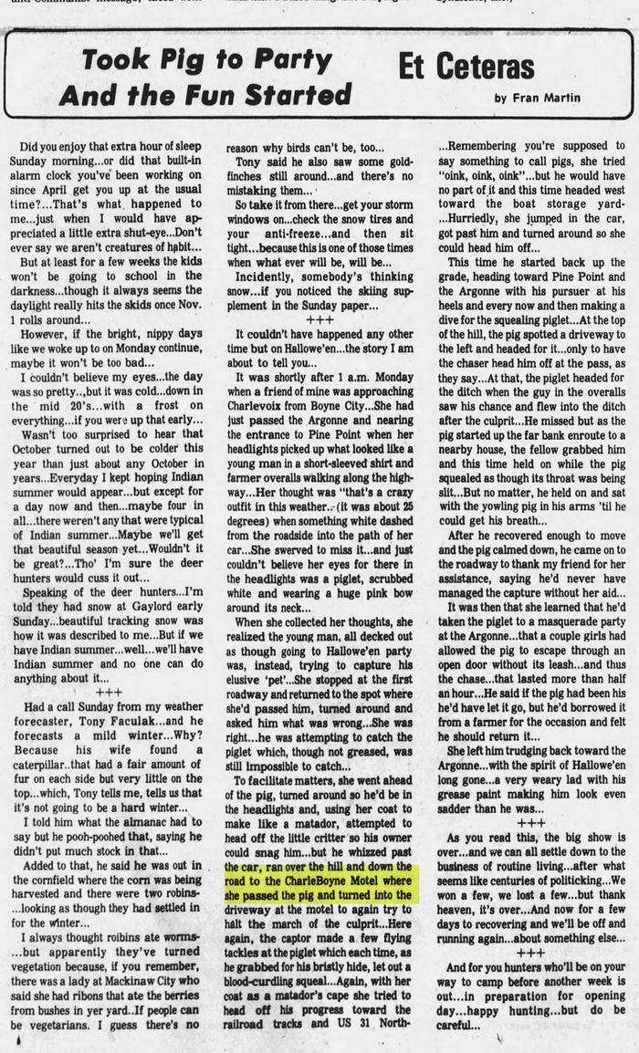 Charleboyne Motel - Nov 5 1976 Article On Pig Chase Incident